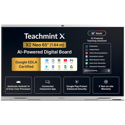 Teachmint X2 65 Neo | 65" 4K UHD Interactive Flat Panel with 48MP AI Camera, 8-Array Mic, Android 14, Google EDLA, NFC Login & EduAI