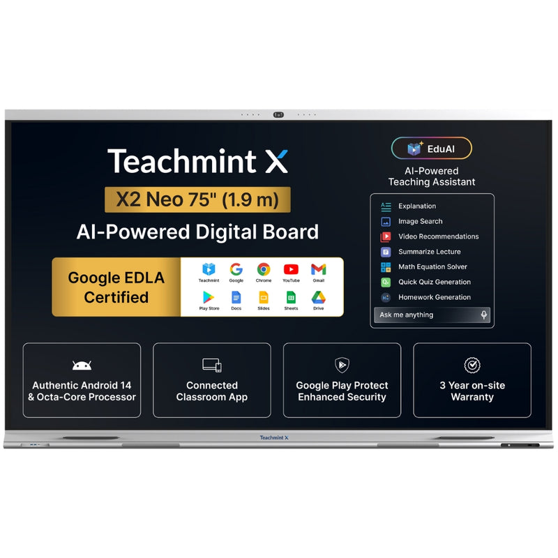 Teachmint X2 75 Neo | 75" 4K UHD Interactive Flat Panel with 48MP AI Camera, 8-Array Mic, Android 14, Google EDLA, NFC Login & EduAI
