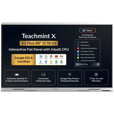Teachmint X 86 Plus | 86″ 4K Interactive Flat Panel with Android 14, Google EDLA & NFC Login & EduAI